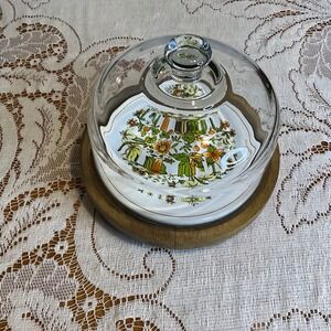 Vintage Goodwood Cheese Dome Teak Wood Base Floral Ceramic Cloche Cottagecore
